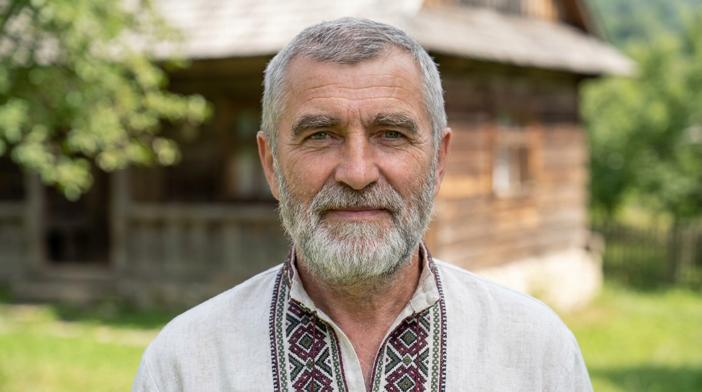 Дід Віщун у традиційній українській вишиванці